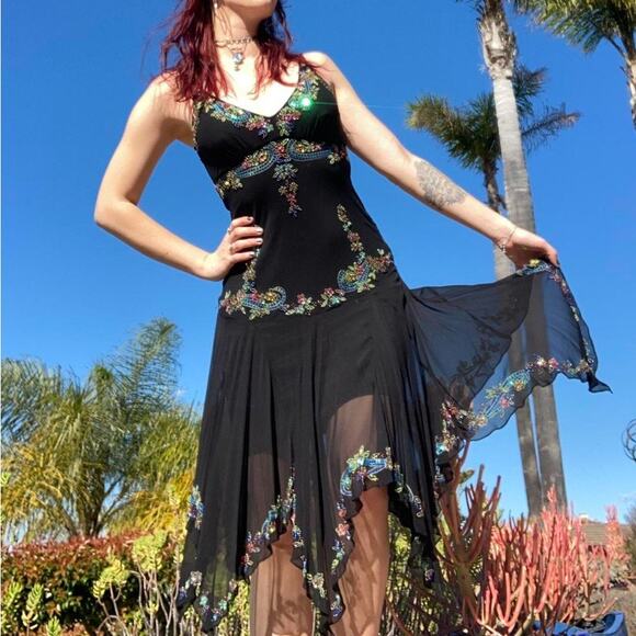 Sue Wong Y2K Sz 6 Black Beaded Drop Waist Fairy Core Whimsygoth Asymmetrical Hem - Picture 1 of 14
